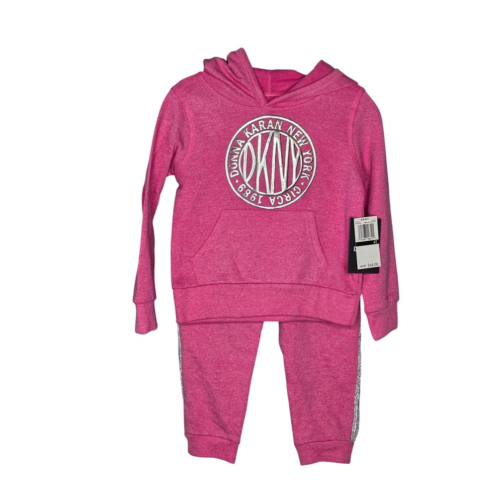 DKNY Kids Girls Pink Hoodie Jogger‎ Set Sequins Logo Size 4T